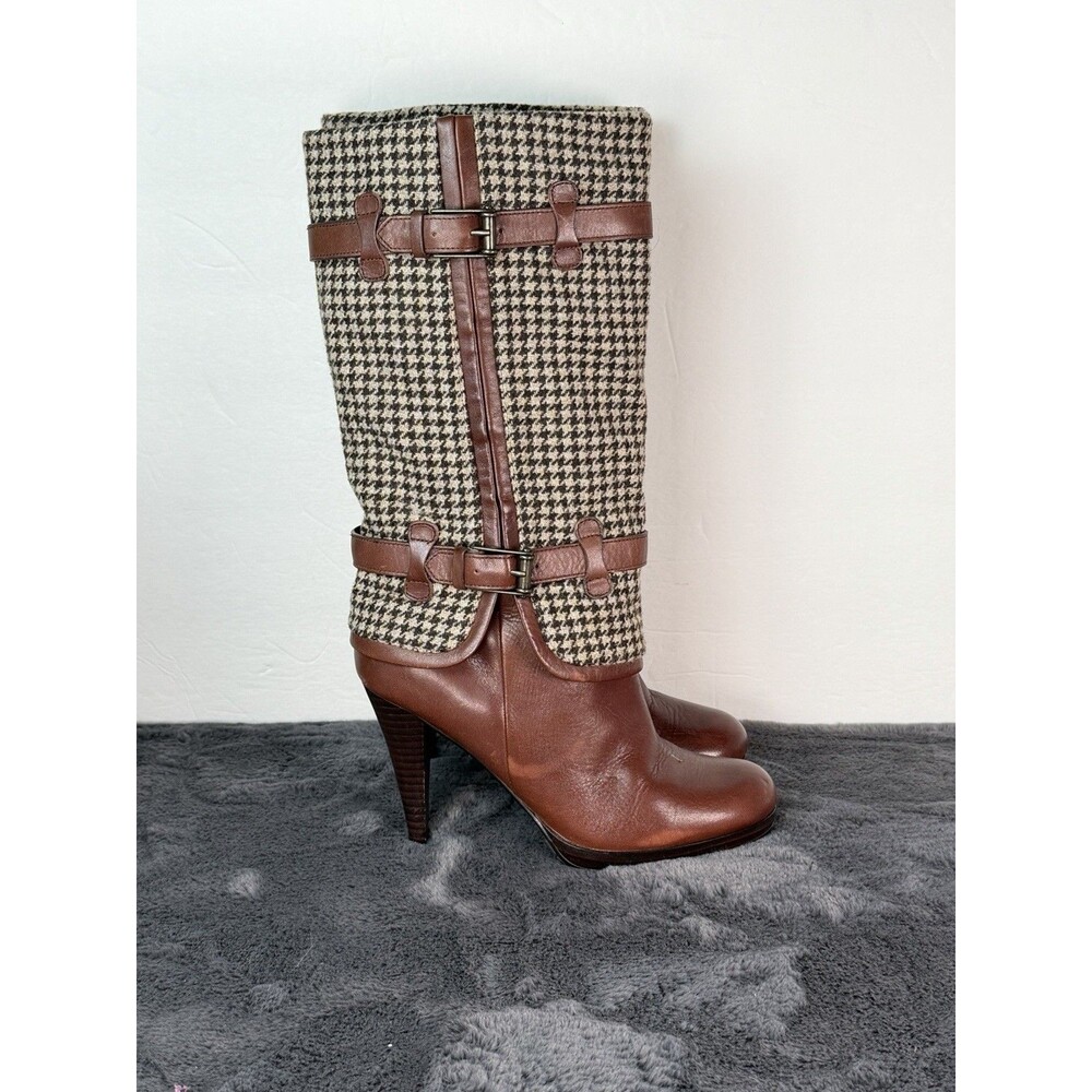 Cole Haan Women’s  7B  Brown Leather Houndstooth Knee High Buckle Heeled Boots